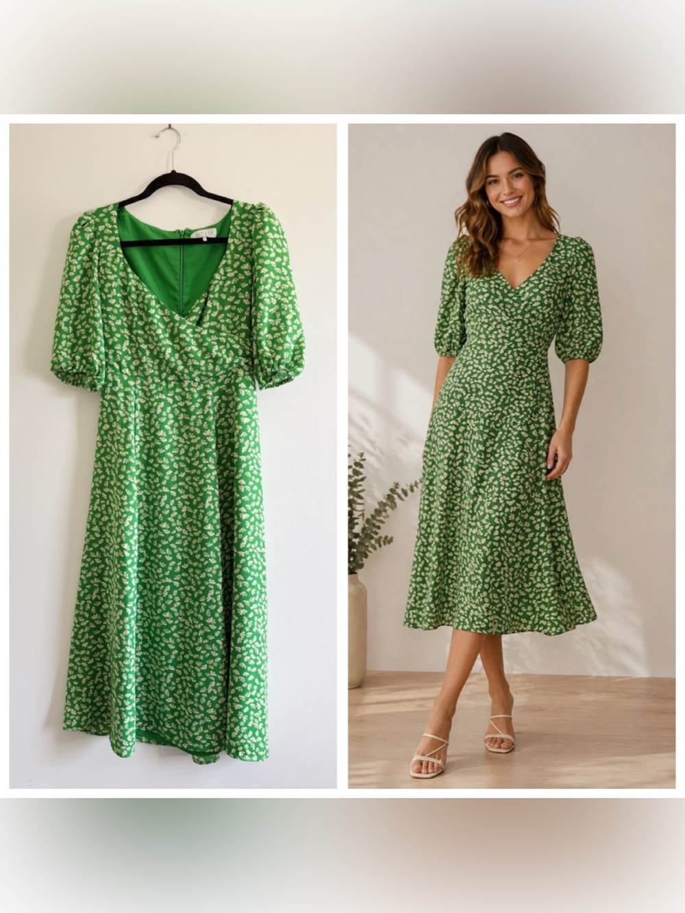 WAYF Womens Chiffon Floral Midi Dress Short Sleeve Green/White Sz Small